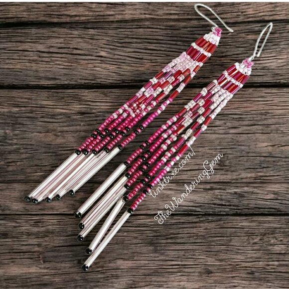 Handmade Jewelry - Boho Chic Beaded Fringe Cascade Dangle Earrings, Plum, Fairy Wing Earrings 5"
